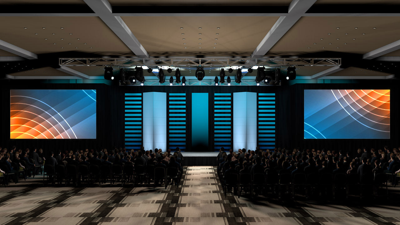 Framed Lighting Towers with Dual Screens and Overhead Truss