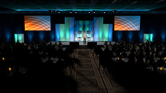 Multi-Layered Stage Design with Tiled Set Pieces and Dual Projection Screens