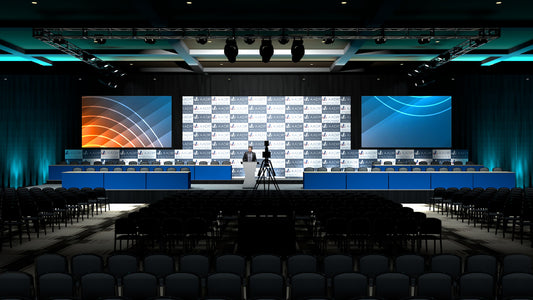 Panel Stage with Printed Backdrop and Dual Outboard Screens