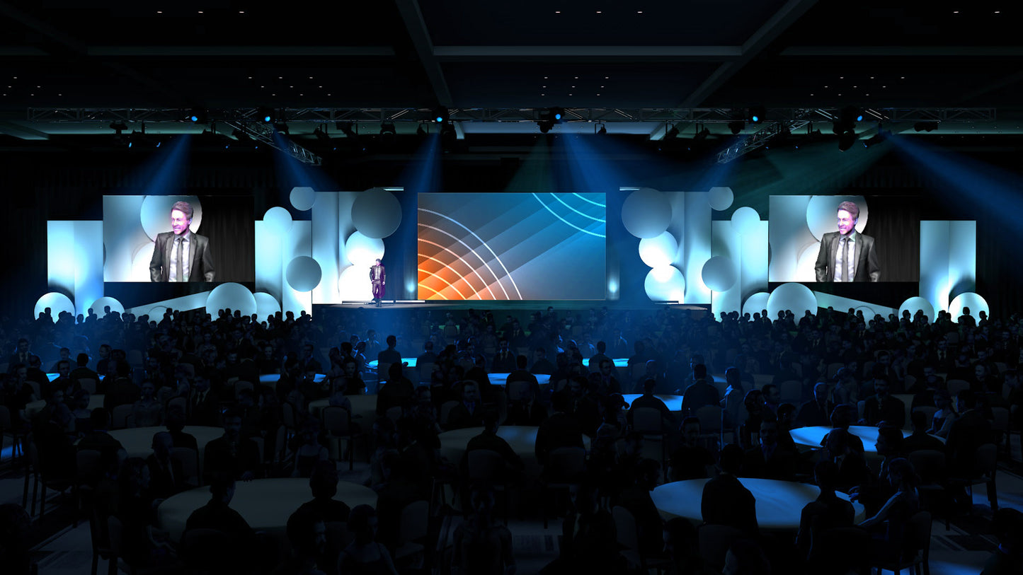 Three-Screen Stage with Uplit Fabric Elements and Dynamic Lighting