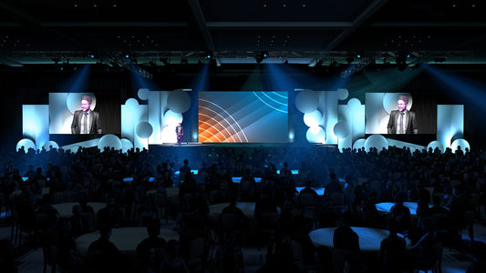 Three-Screen Stage with Uplit Fabric Elements and Dynamic Lighting