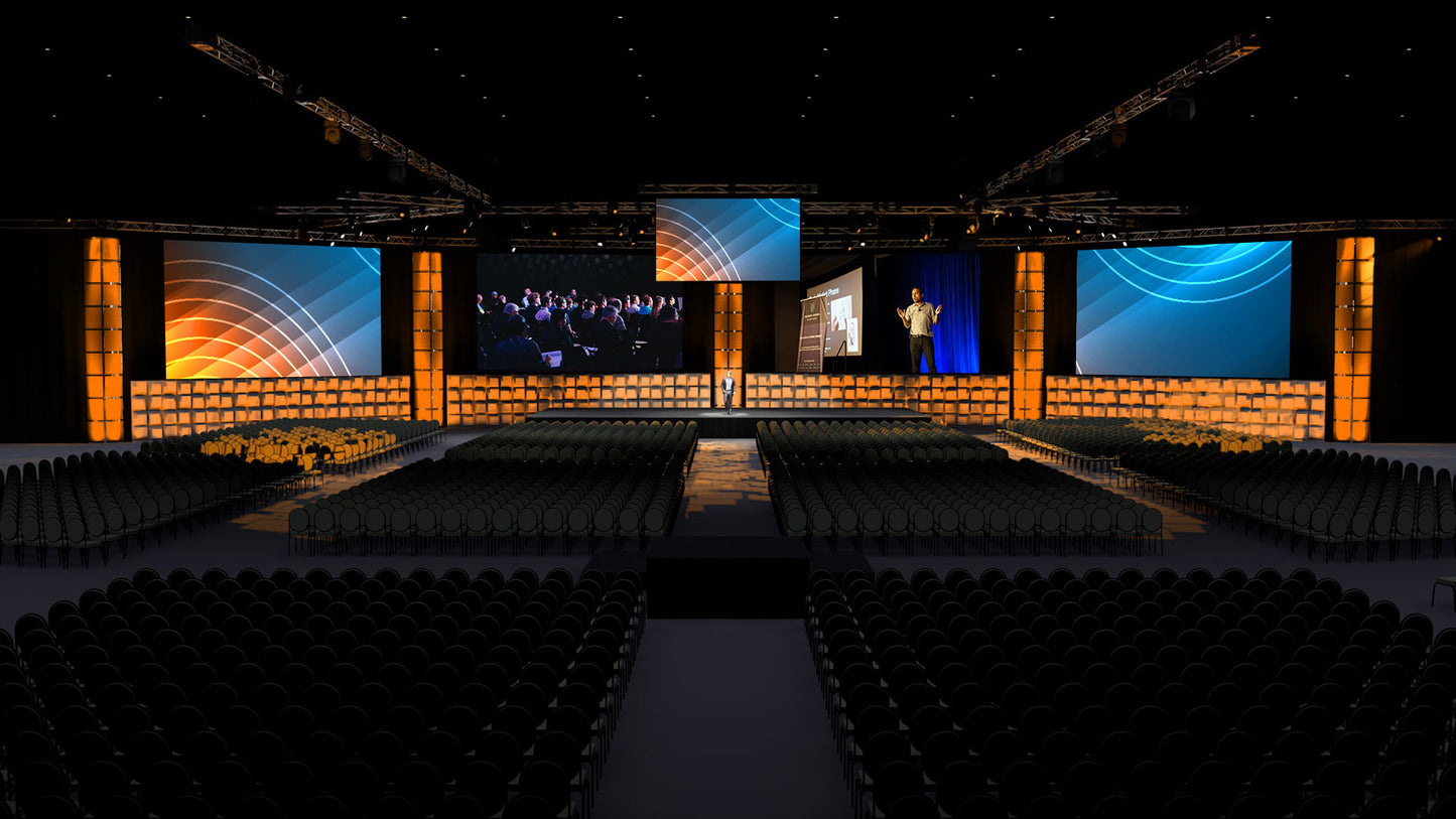 Multi-Screen Stage with Lighting Towers and Scenic Lighting Blocks