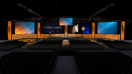 Multi-Screen Stage with Lighting Towers and Scenic Lighting Blocks