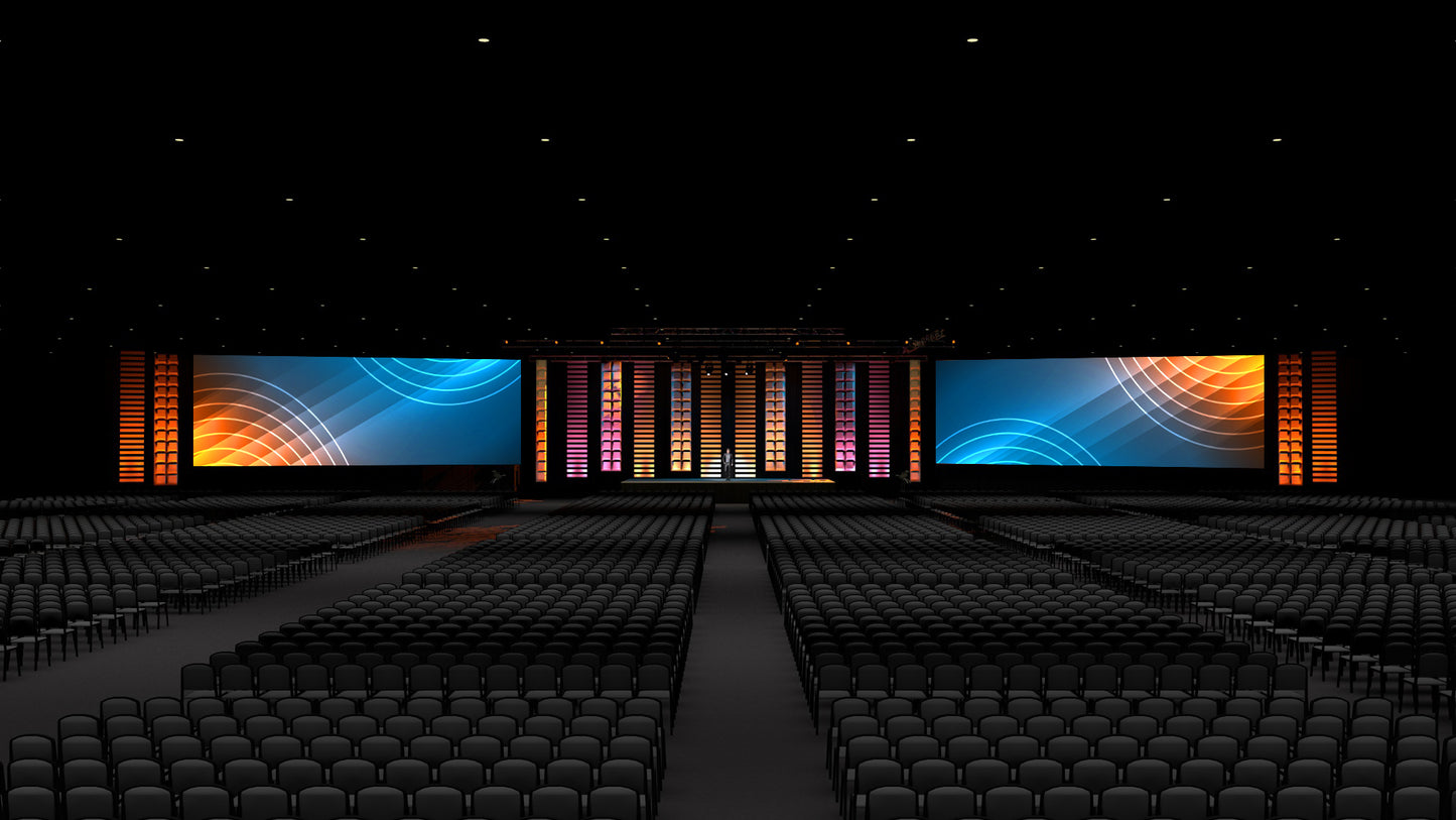 Dual Ultrawide Screens with Tall Lighting Columns and Center Accent Wall