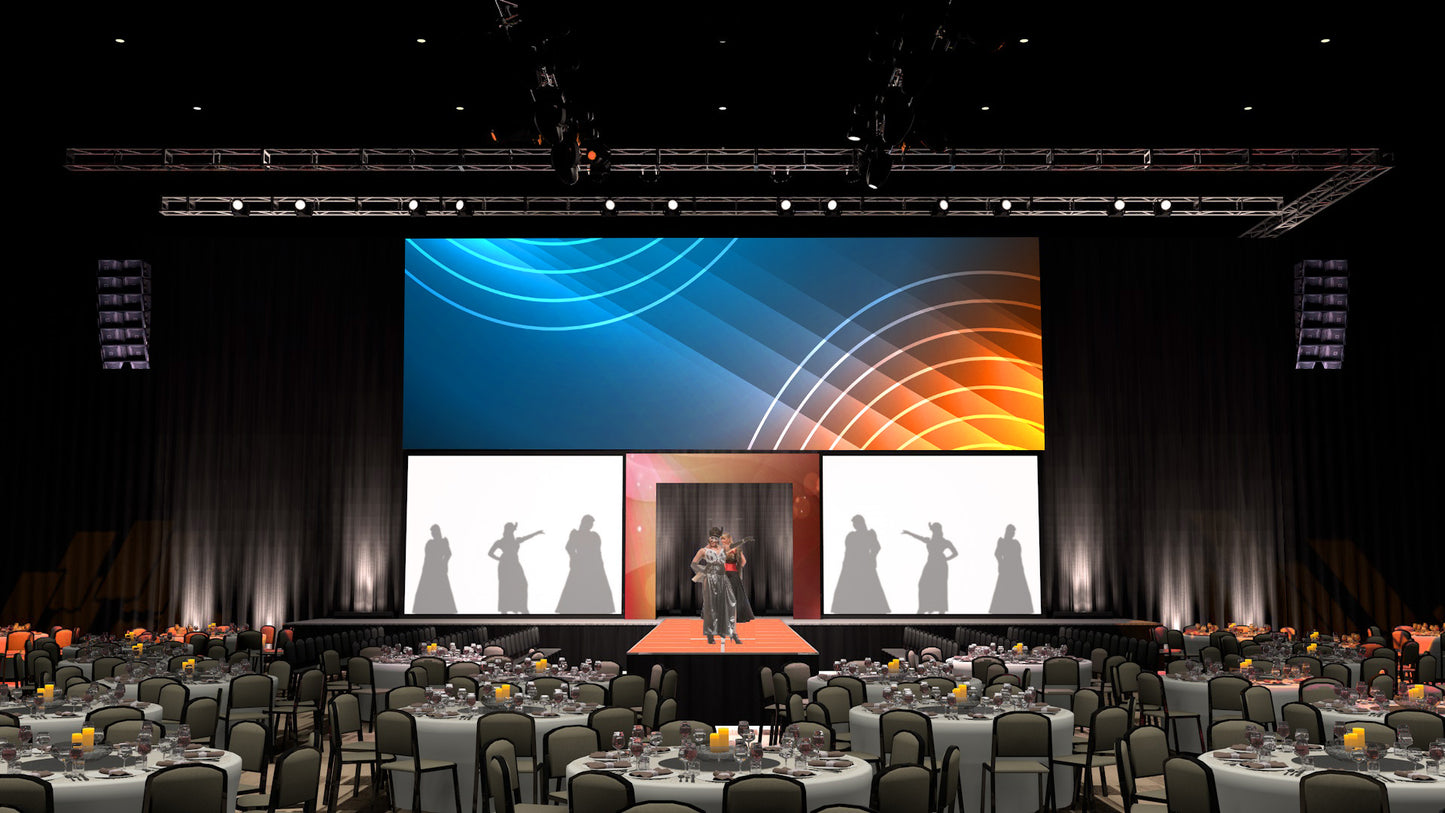 Fashion Show Stage with Entrance Portal and Overhead Video Wall