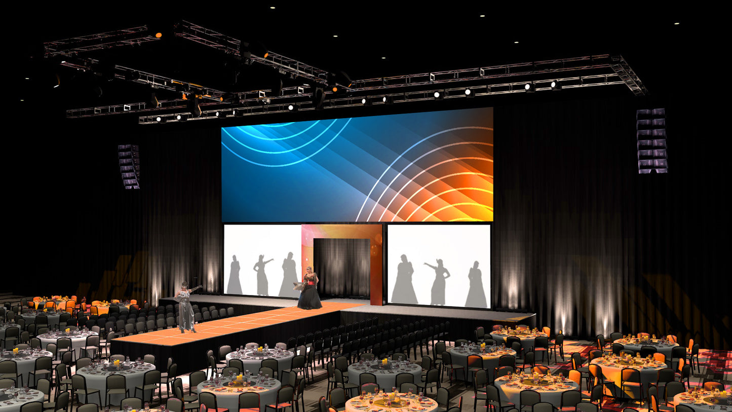 Fashion Show Stage with Entrance Portal and Overhead Video Wall