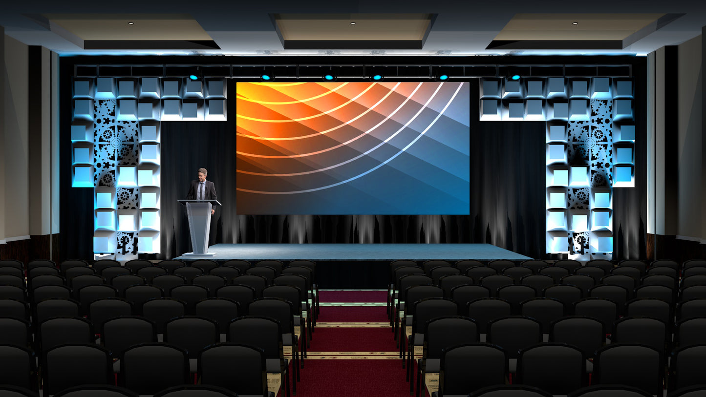 LED Wall with Layered Scenic Cube Structure