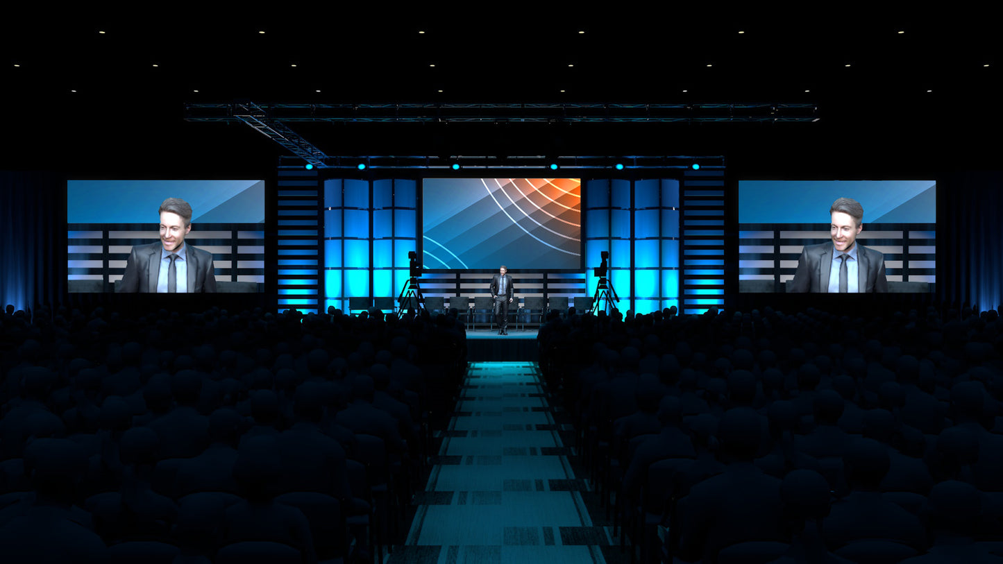 Lighting Towers with Scenic Panels and Three-Screen Video Setup