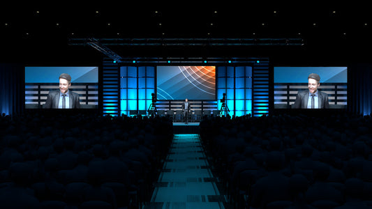 Lighting Towers with Scenic Panels and Three-Screen Video Setup